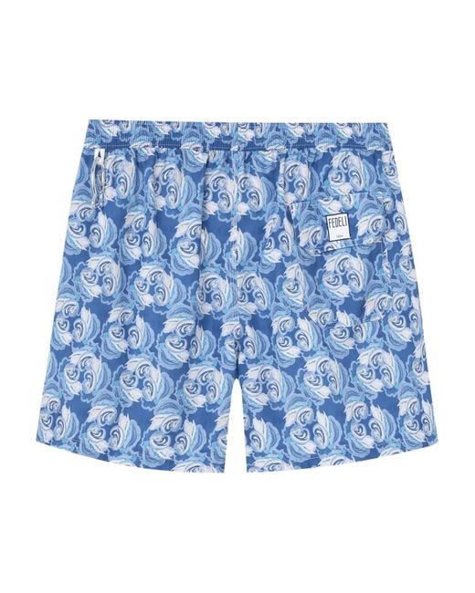 Fedeli Blue Paisley-Print Swim Trunks for men