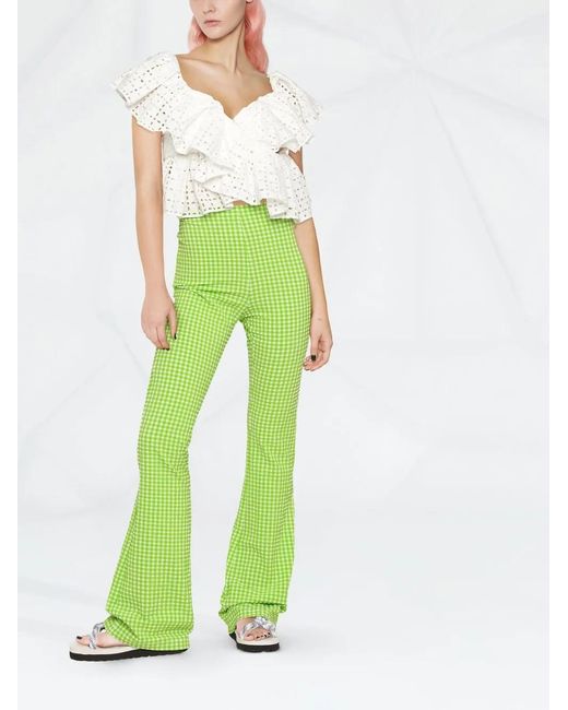 MSGM Green Check-Pattern Flared Trousers