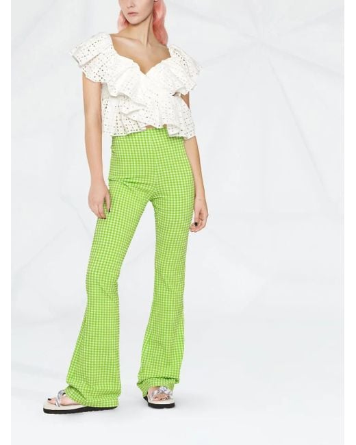 MSGM Green Check-Pattern Flared Trousers