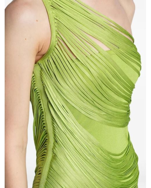 David Koma Green One-Shoulder Fringed-Detail Maxi Dress