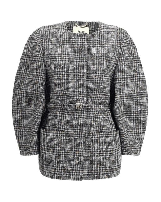 Fendi Gray Check Belted Jacket