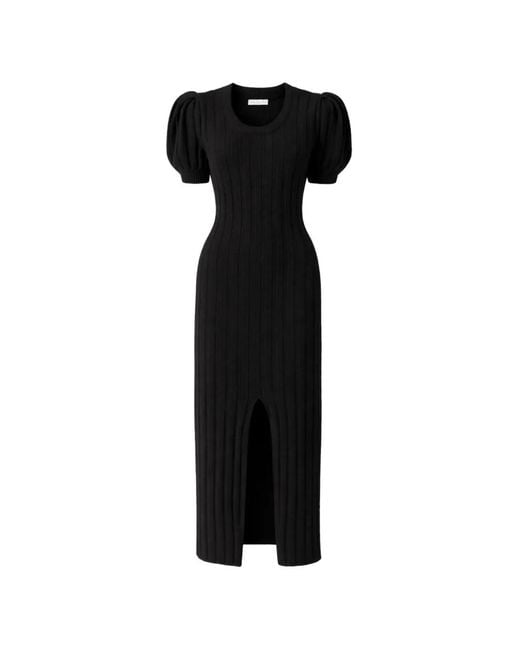Violante Nessi Black Ribbed Puff-Sleeve Midi Dress