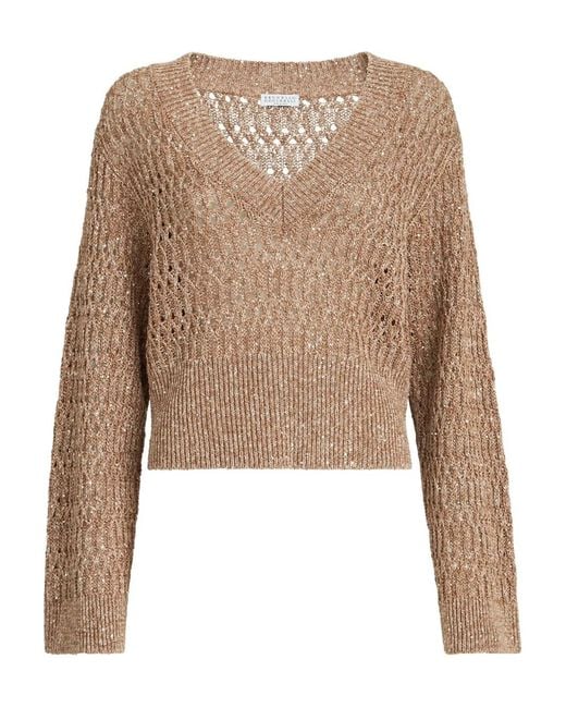 Brunello Cucinelli Natural Pullover mit V-Ausschnitt