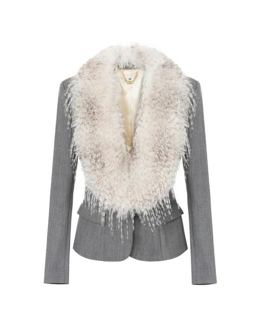 Elisabetta Franchi White Wool Jacket With Fur-Effect Collar