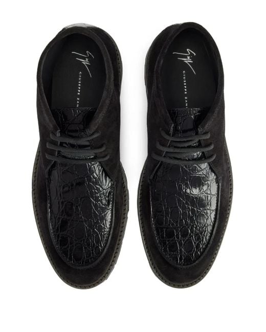 Giuseppe Zanotti Black Crocodile-Effect Suede Lace-Up Shoes for men