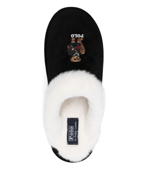 Polo Ralph Lauren Black Kaylgh Embroidery Fur Slippers