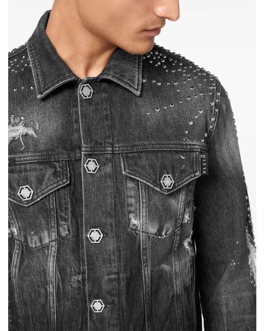 Philipp Plein Black Denim Trucker Jacket Ls Studs for men
