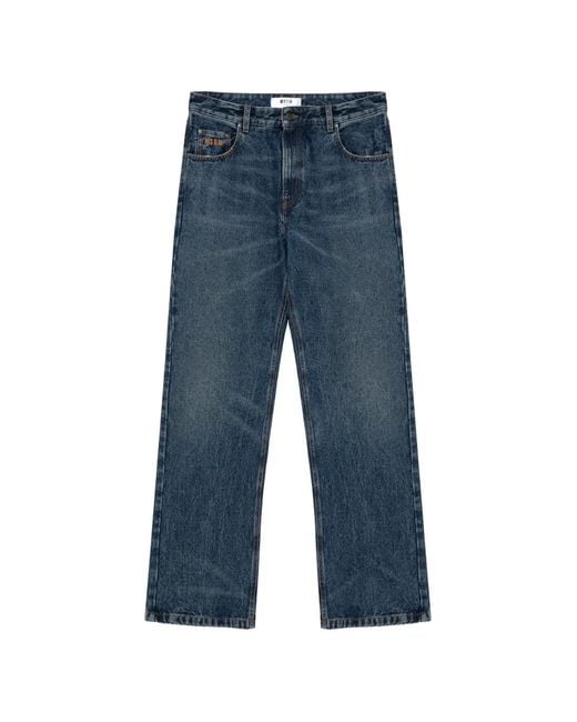 MSGM Blue Logo-Embroidered Faded Jeans for men