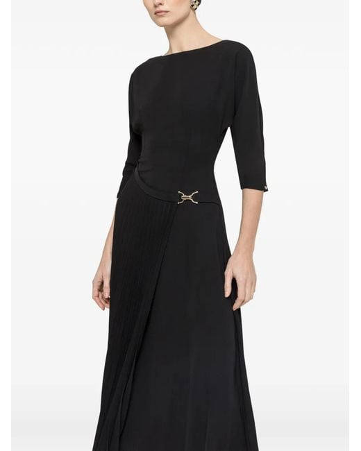 Nissa Black Pleat-Detail Midi Dress