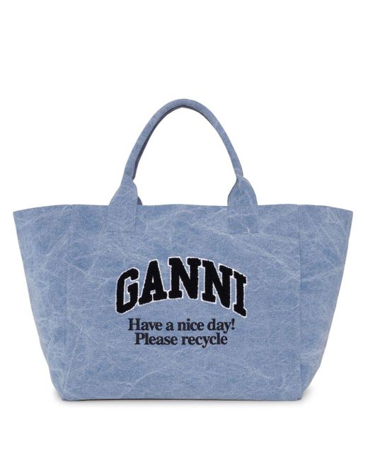 Ganni Blue Shopper mit Logo-Stickerei