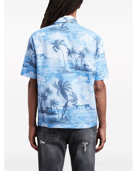 Palm Angels Blue Sunset-Print Linen-Blend Shirt for men