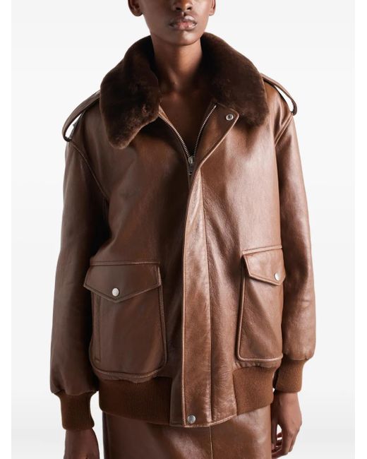 Veste En Cuir À Col Lainé Prada en coloris Brown