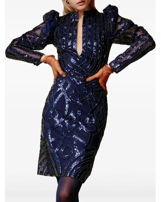 Gemy Maalouf Blue Sequin-Embellished Puff-Shoulder Dress