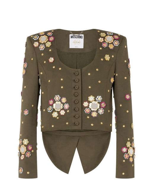 Moschino Green Floral-Appliqué Cropped Jacket