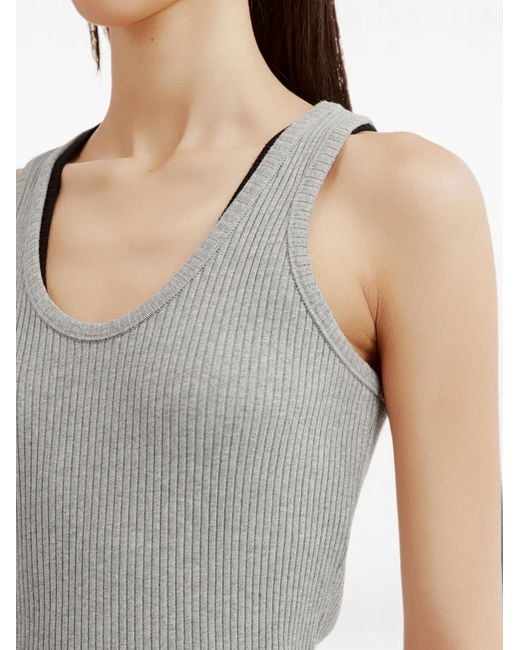Ganni Gray Ribbed-Knit Logo-Embroidered Tank Top