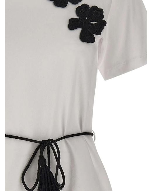 Kaos White Floral-Embroidered Belted T-Shirt