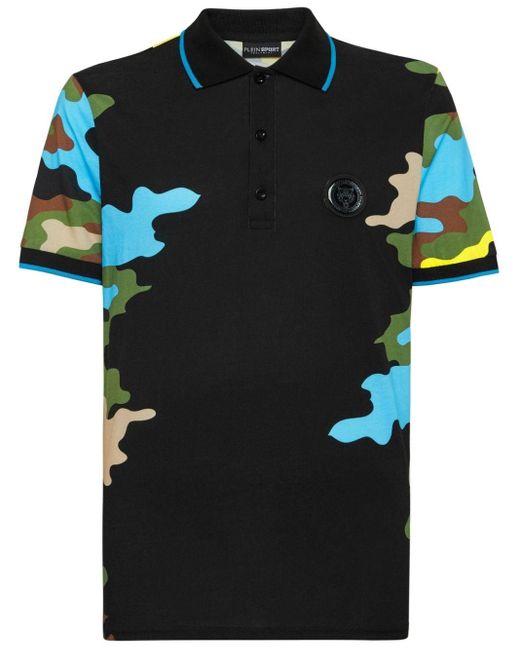 Philipp Plein Black Camouflage-print Cotton Polo Shirt for men