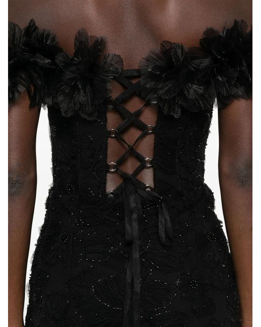 Nissa Black Floral-Detail Lace Midi Dress
