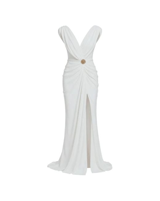 Rhea Costa White Draped Crepe Maxi Dress