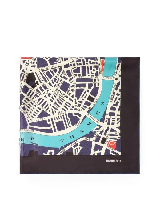 Burberry Blue London-Map Silk Scarf
