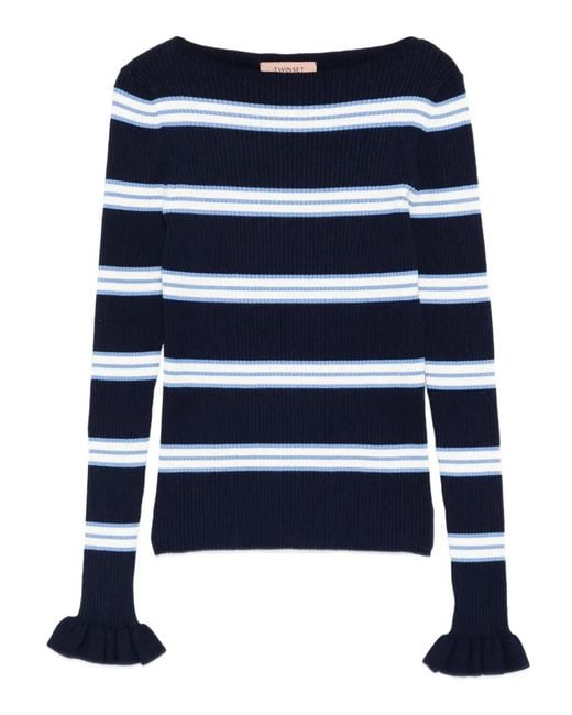 Twinset Blue Striped Jumper With Ruffles