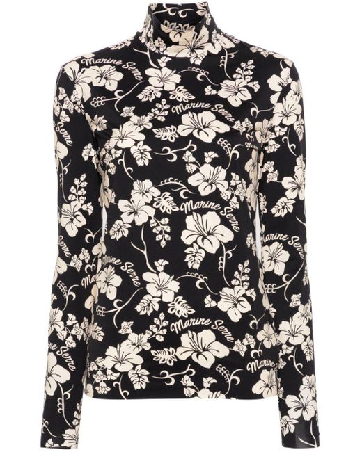 MARINE SERRE Black Floral-print Mock-neck T-shirt