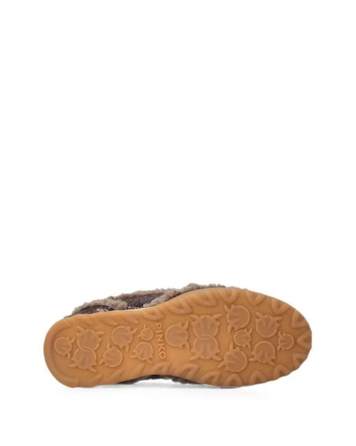 Pinko Brown Cracked-Effect Shearling-Trim Sneakers