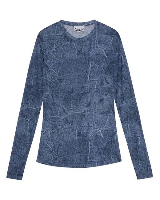 Ganni Blue Printed Mesh Top