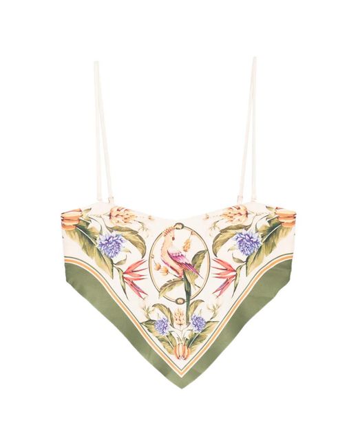 Farm Rio White Strilitzia Floral-Print Handkerchief-Hem Bikini Top