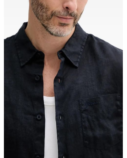 Guess Black Embroidered-Pocket Linen Shirt for men