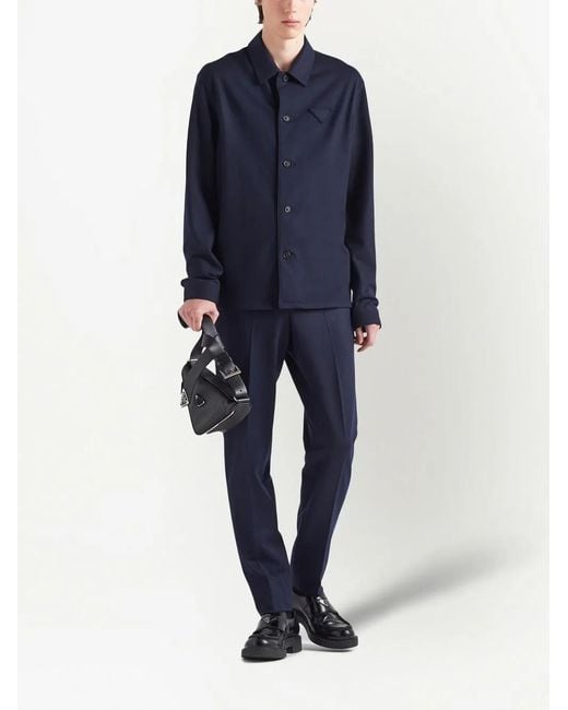 Prada Blue Triangle-Logo Wool-Blend Shirt for men