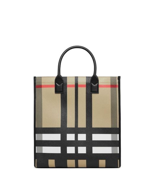 Burberry Natural Exaggerated Check Leather-trim Tote Bag for men