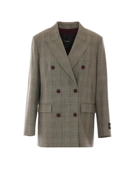 Pinko Gray Double-Breasted Checked Blazer