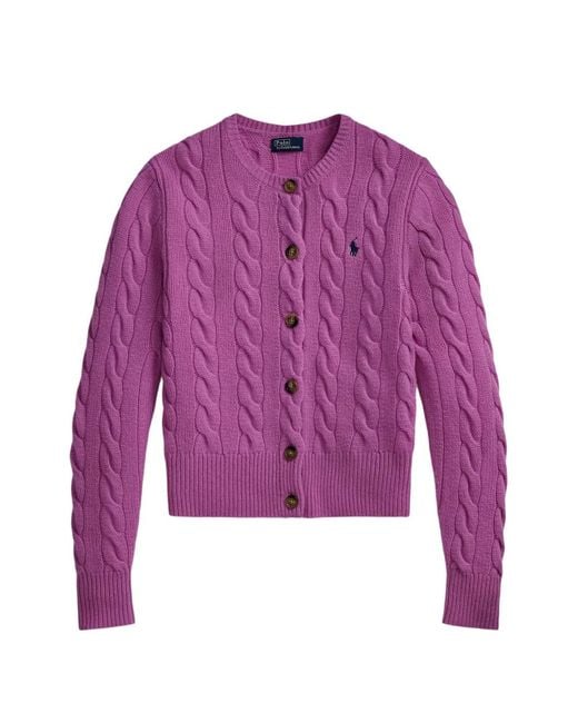 Polo Ralph Lauren Purple Cable-Knit Logo-Embroidered Cardigan