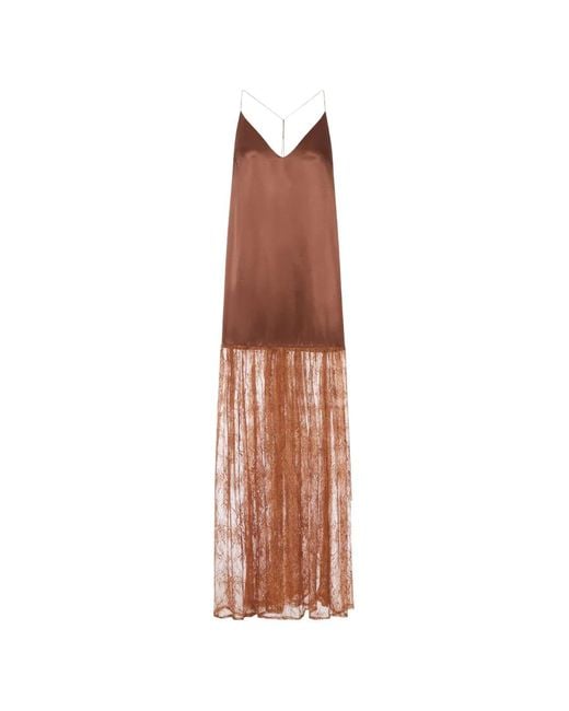 THE NINA STUDIO Brown Lace-Insert Silk Dress