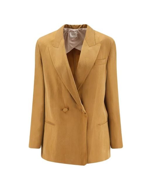 Alysi Natural Double-Breasted Peak-Lapel Blazer