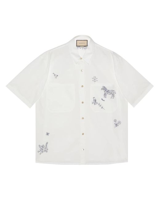 Gucci White Animal-embroidery Short-sleeve Shirt for men