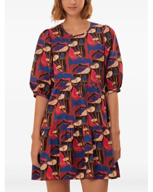Farm Rio Red Wild Mushrooms Puff-Sleeve Mini Dress