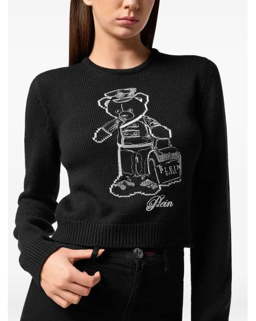 Philipp Plein Black Teddy-Embroidered Crew-Neck Sweater