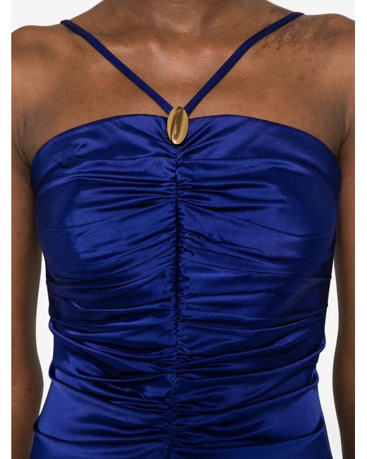 Max Mara Blue Oggetti Ruched Square-Neck Maxi Dress