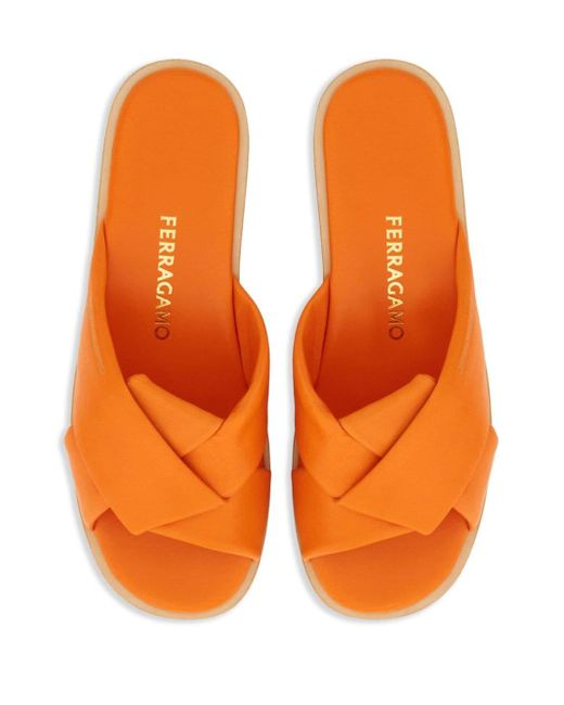 Ferragamo Orange Knot-detail Leather Slides