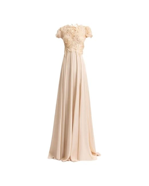 Gemy Maalouf Natural Floral-Appliqué Sheer-Panel Dress