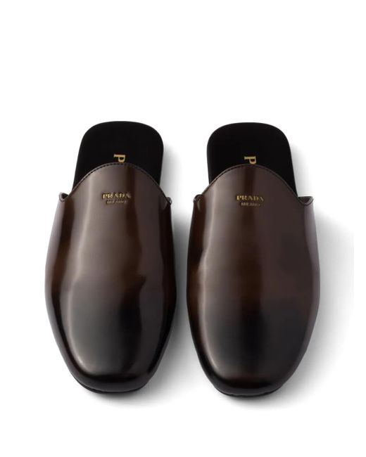 Prada Black Brushed-Leather Slippers