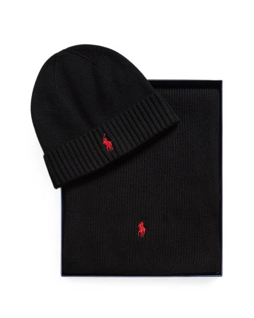 Polo Ralph Lauren Black Wool Beanie & Scarf Gift Set for men
