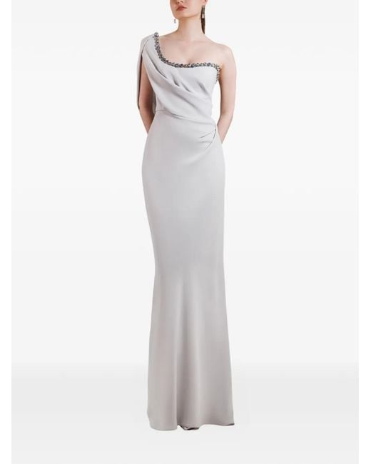 Gemy Maalouf White One-Shoulder Beaded-Neckline Maxi Dress