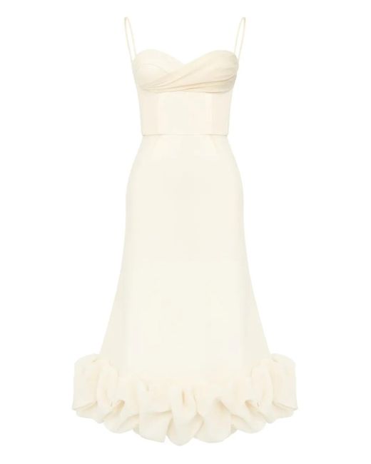 POST MERIDIEM White Draped Bodice Flounced-Hem Midi Dress