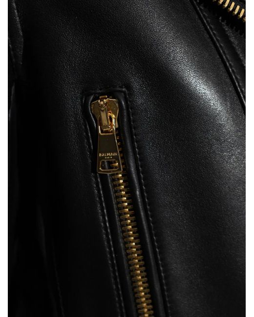 Chaqueta De Piel Con Cremallera Asimétrica Balmain de color Black