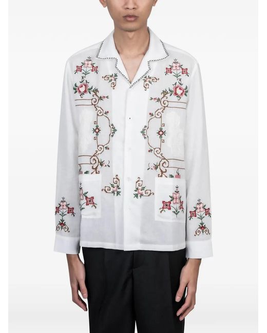 BAZISZT White Sena Floral-Embroidered Pocket Shirt for men