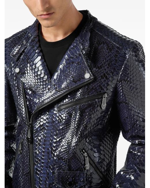 Philipp Plein Leren Jack Met Python-Effect in het Blue voor heren