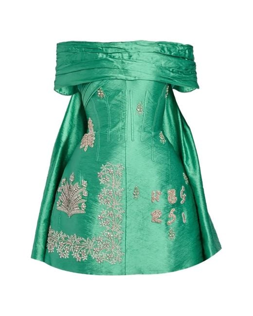 Erdem Green Embellished Off-The-Shoulder Mini Dress